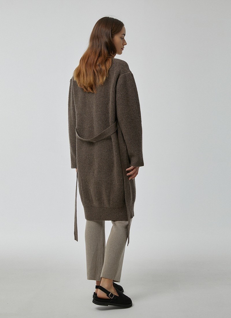 belted long kint cardigan brown
